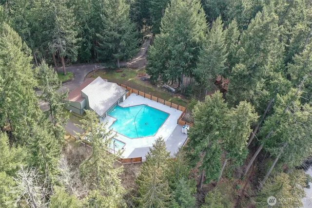 a view of a swimming pool with trees