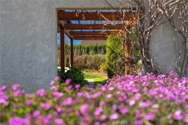 a view of a house with a large window and potted plants