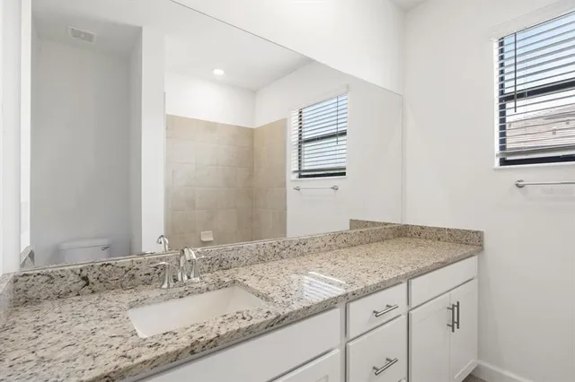 a bathroom with a granite countertop sink and a mirror