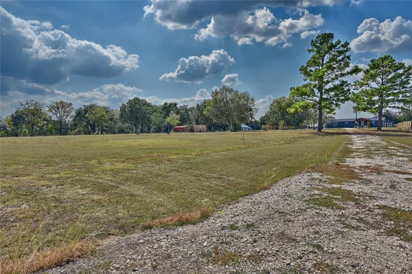 a view of yard with ocean and trees in the background