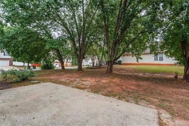 a view of dirt yard with a large tree
