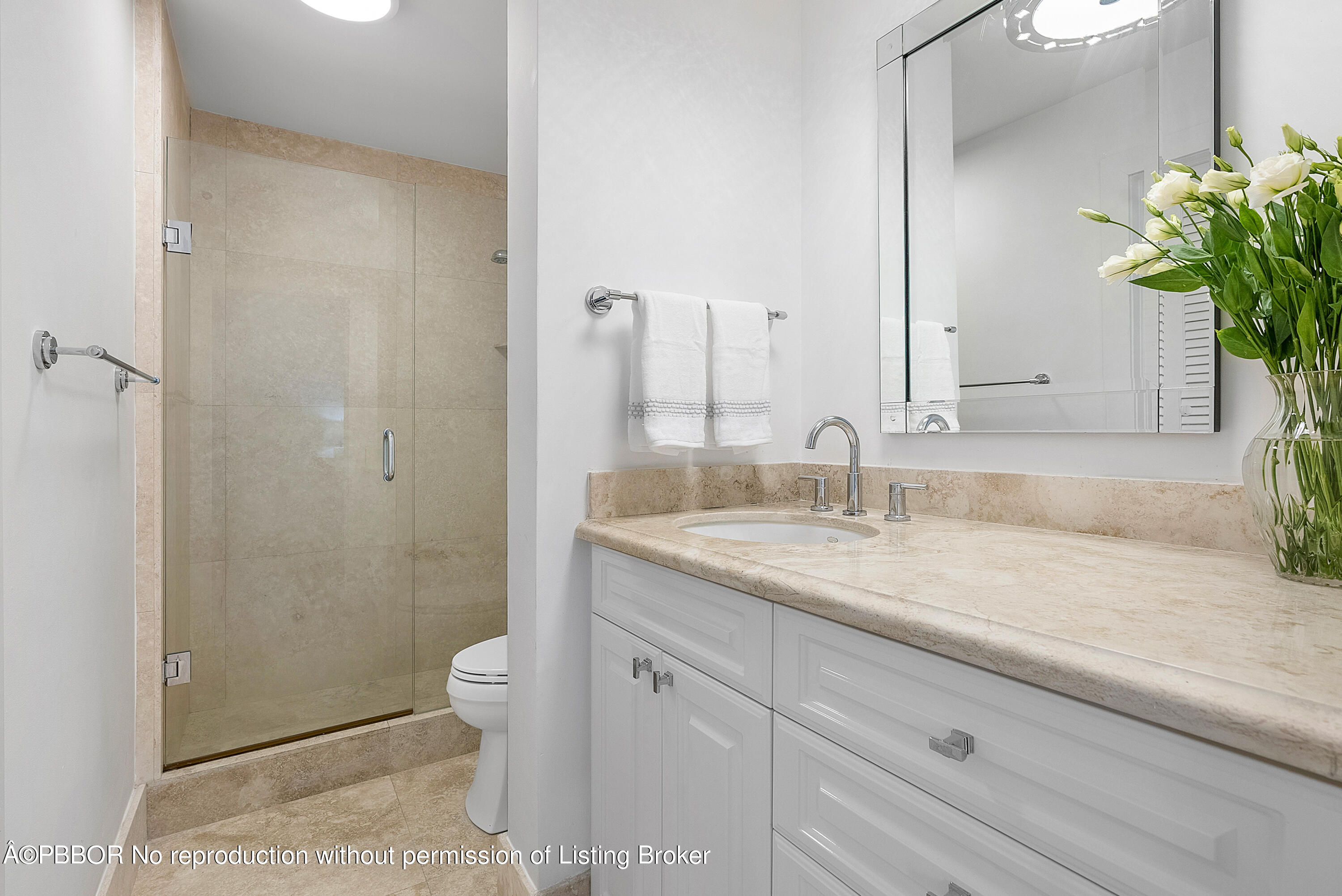 2180 Ibis Isle Road, Unit 5 Palm Beach, FL 33480 - Photo 18 of 39 a bathroom with a granite countertop sink a toilet and a mirror