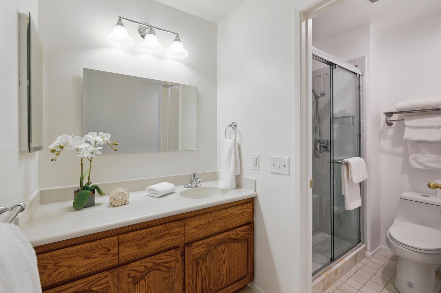 360 Vallejo Drive, Unit 113 Millbrae, CA 94030 - Photo 27 of 34 a bathroom with a granite countertop sink a toilet and shower