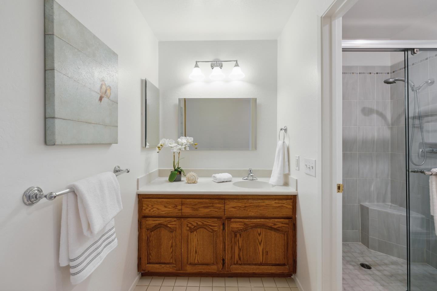 360 Vallejo Drive, Unit 113 Millbrae, CA 94030 - Photo 28 of 34 a bathroom with a sink vanity granite shower and a mirror