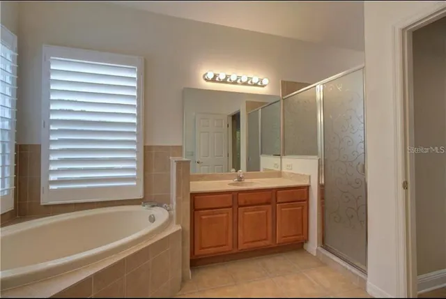 a bathroom with a tub a sink and mirror
