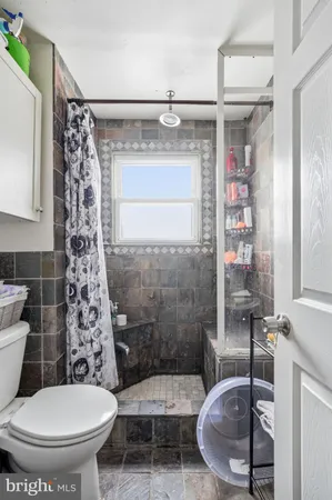 a bathroom with a toilet and a shower