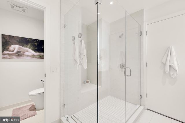a bathroom with a shower and toilet