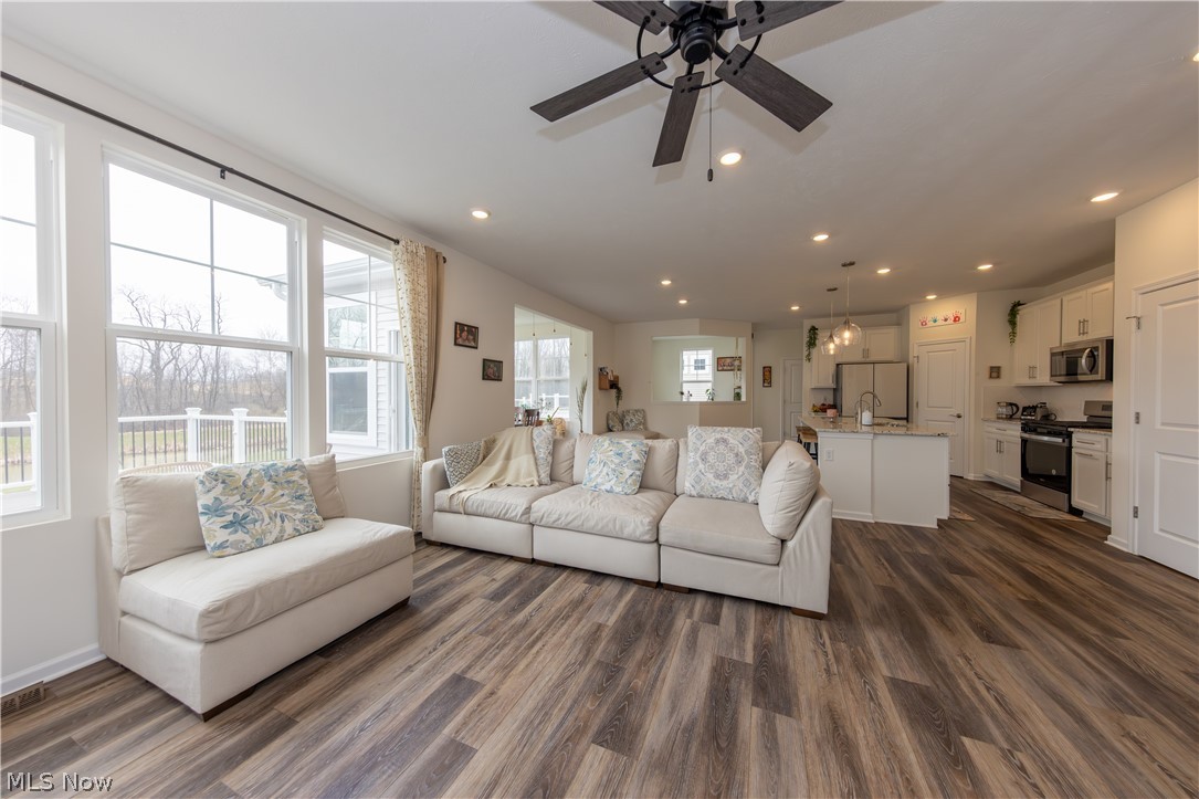 766 River Run Road Aurora, OH 44202 - Photo 13 of 49 Living room featuring wood finished floors, a ceiling fan, a custom stone fireplace, and recessed lighting