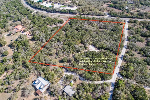 an aerial view of a house with a yard and flowers