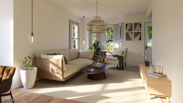 a living room with furniture and a chandelier
