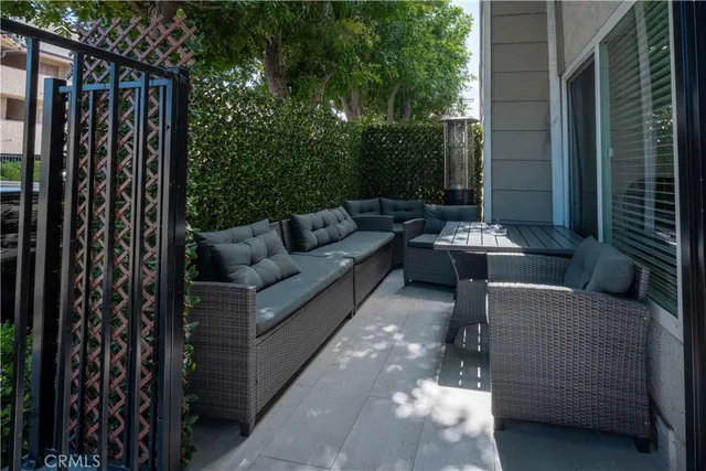 a view of backyard with couches and potted plants with sky view