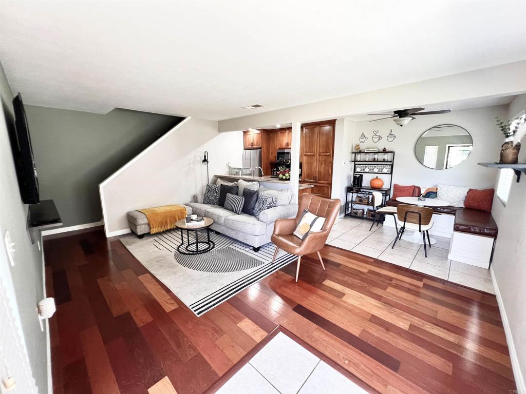 a living room with furniture and a table