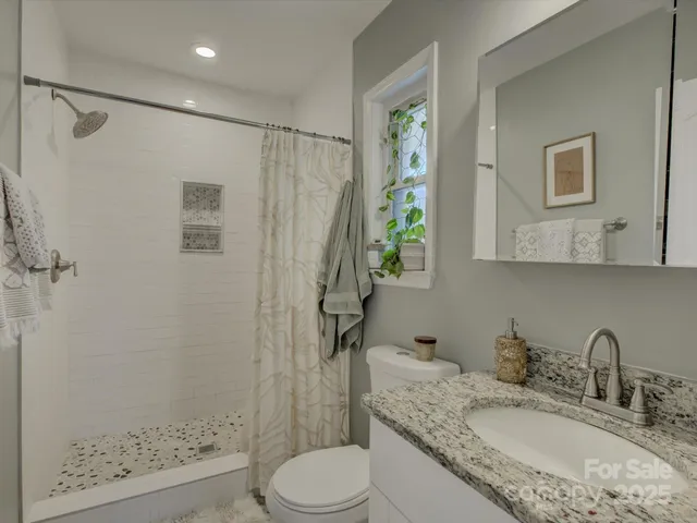 a bathroom with a granite countertop sink toilet and shower