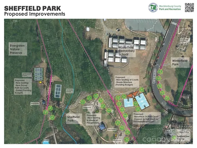 a view of a park with large trees
