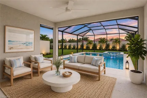 a view of a big yard with potted plants and large tree