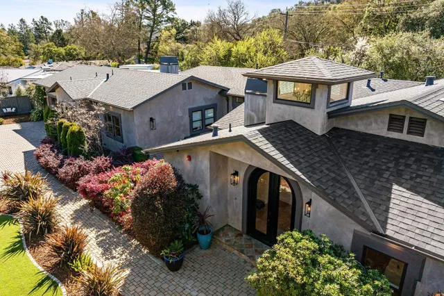 a aerial view of a house with a yard and potted plants