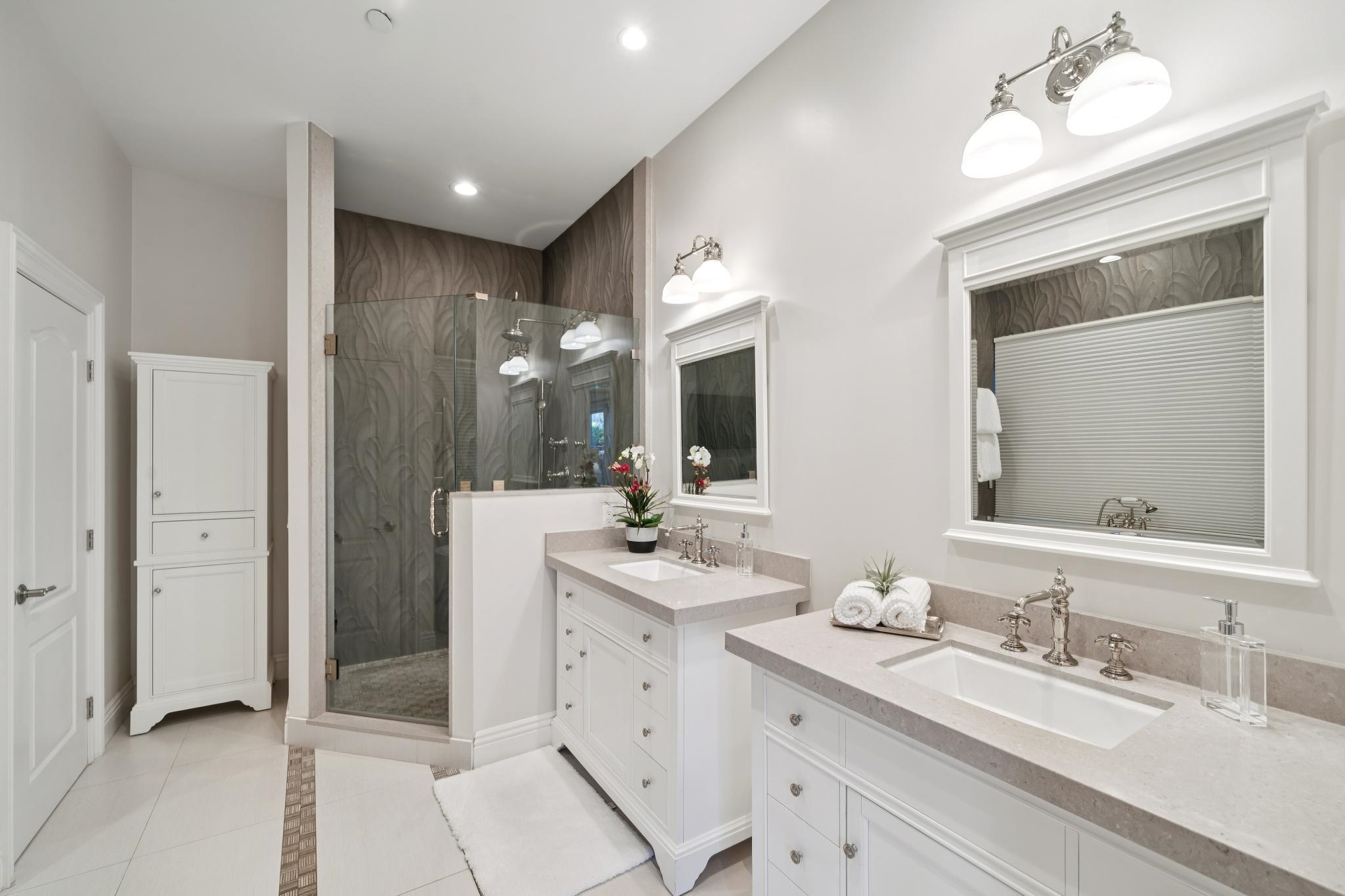 3957 Rancho Road Lafayette, CA 94549 - Photo 24 of 60 Bathroom featuring a marble finish shower, two vanities, light tile patterned floors, and recessed lighting