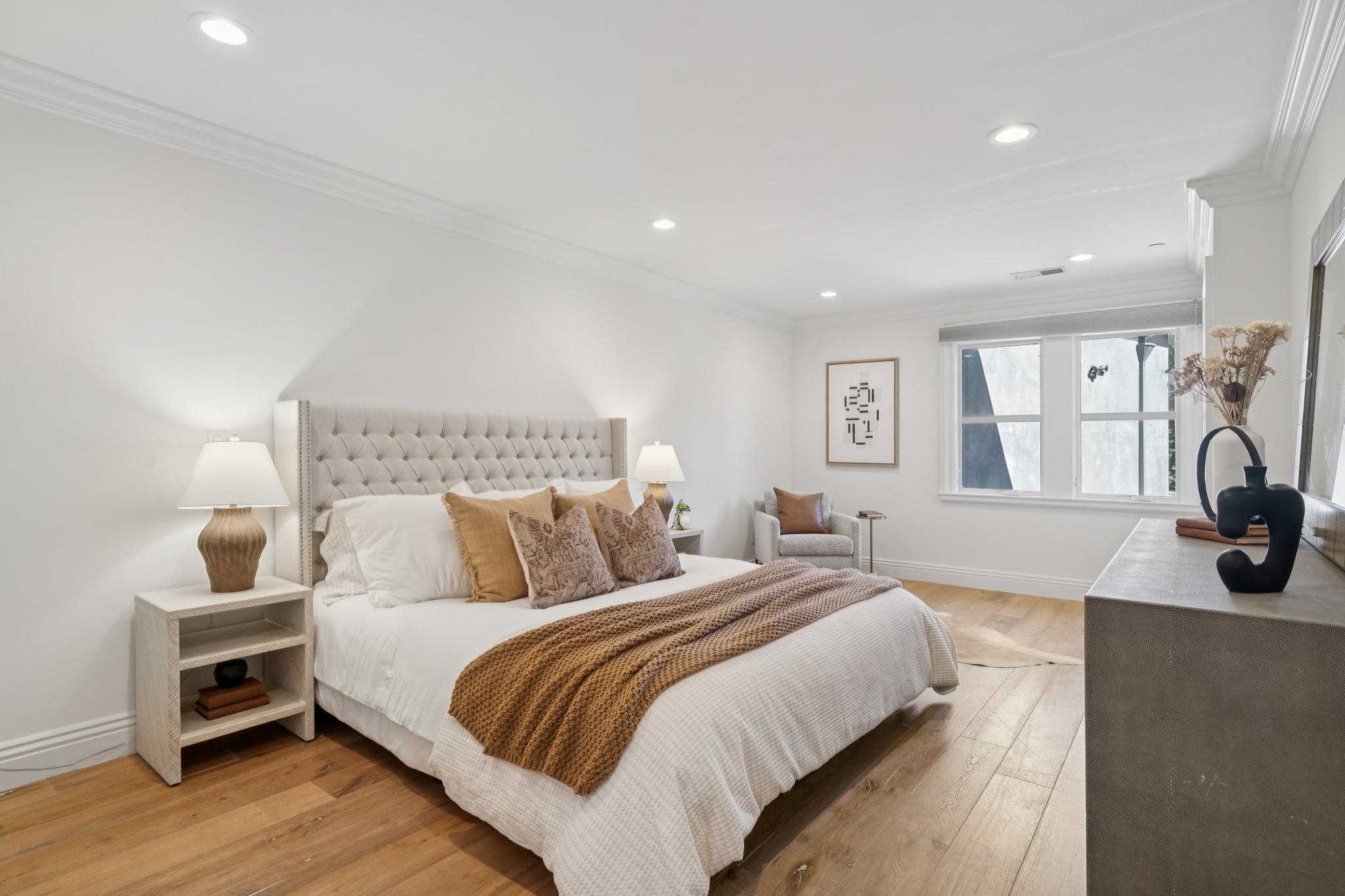3957 Rancho Road Lafayette, CA 94549 - Photo 27 of 60 Bedroom featuring light wood-style flooring, crown molding, and recessed lighting