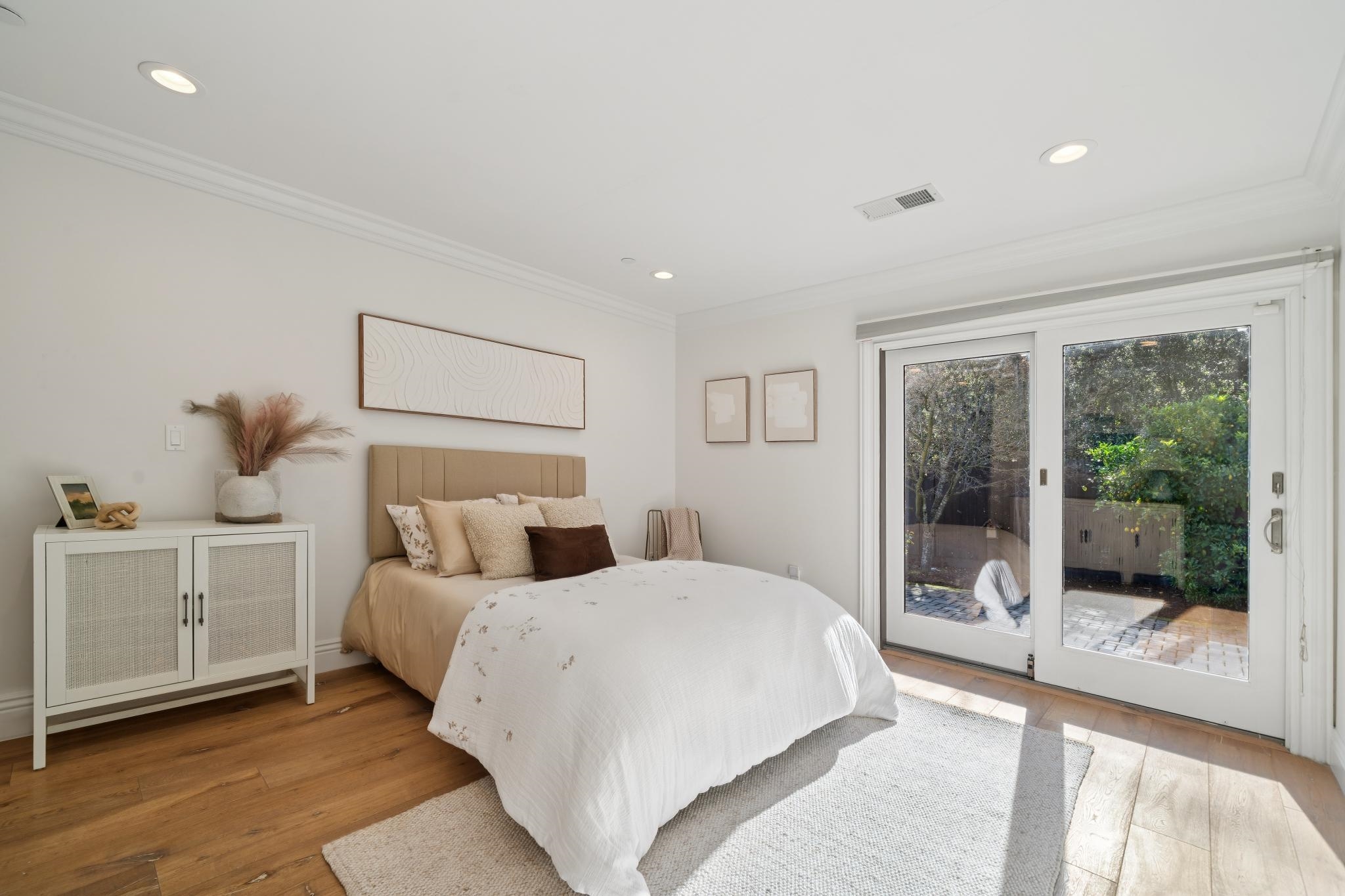 3957 Rancho Road Lafayette, CA 94549 - Photo 32 of 60 Bedroom with light wood-type flooring, crown molding, recessed lighting, and access to outside