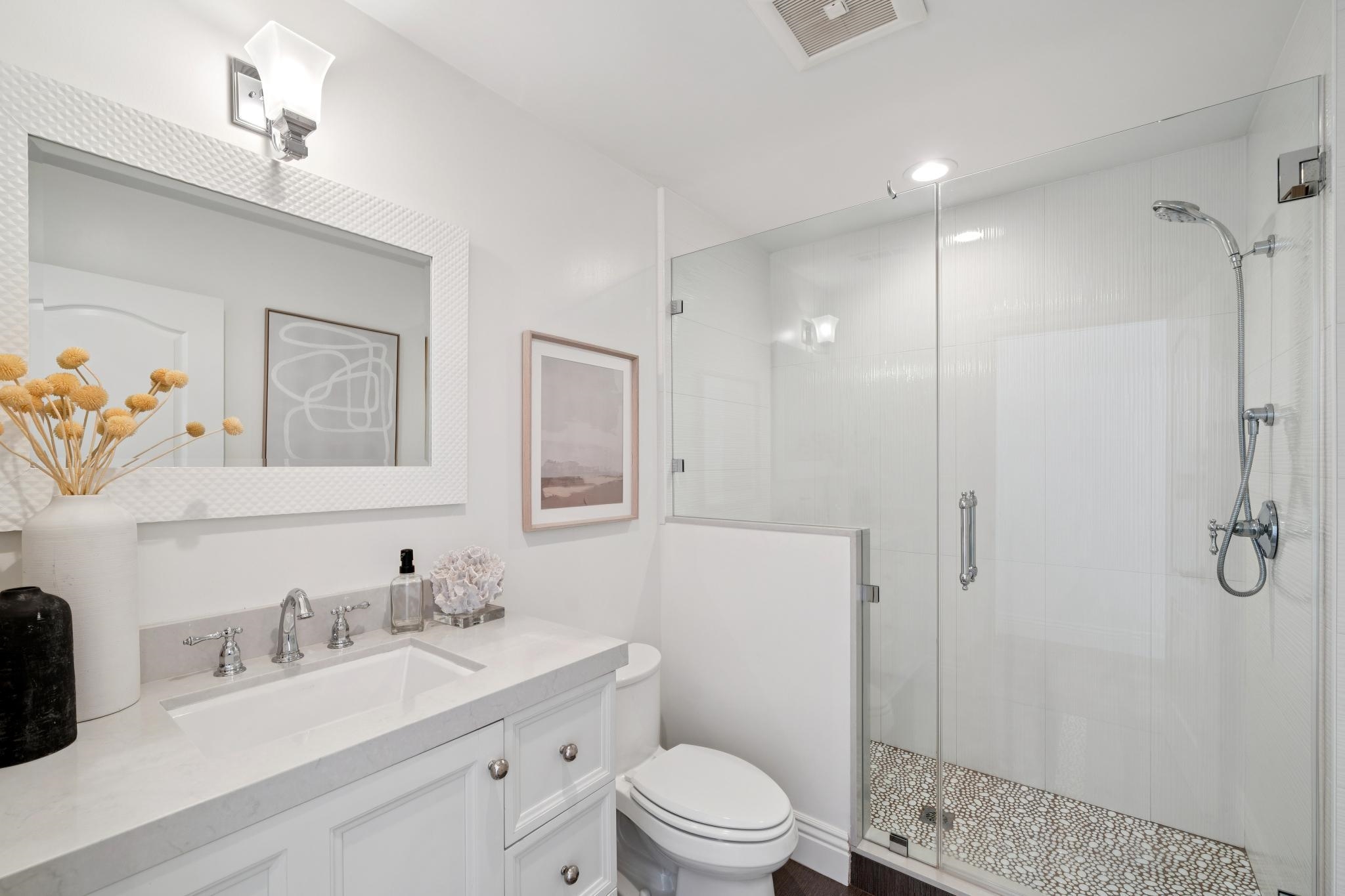 3957 Rancho Road Lafayette, CA 94549 - Photo 34 of 60 Bathroom with a stall shower, vanity, and recessed lighting