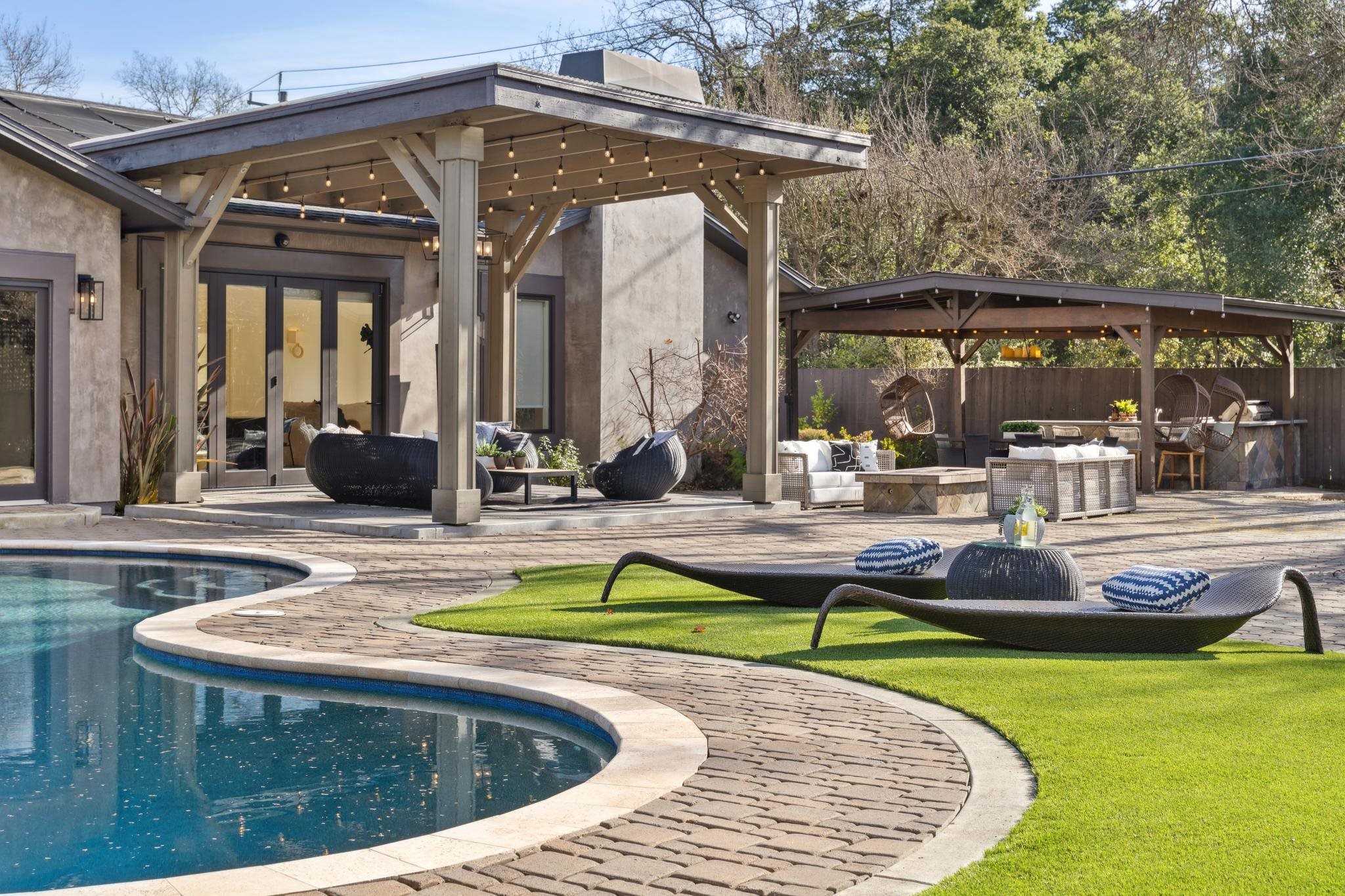 3957 Rancho Road Lafayette, CA 94549 - Photo 39 of 60 Outdoor pool with a patio, a gazebo, an outdoor living space, and french doors
