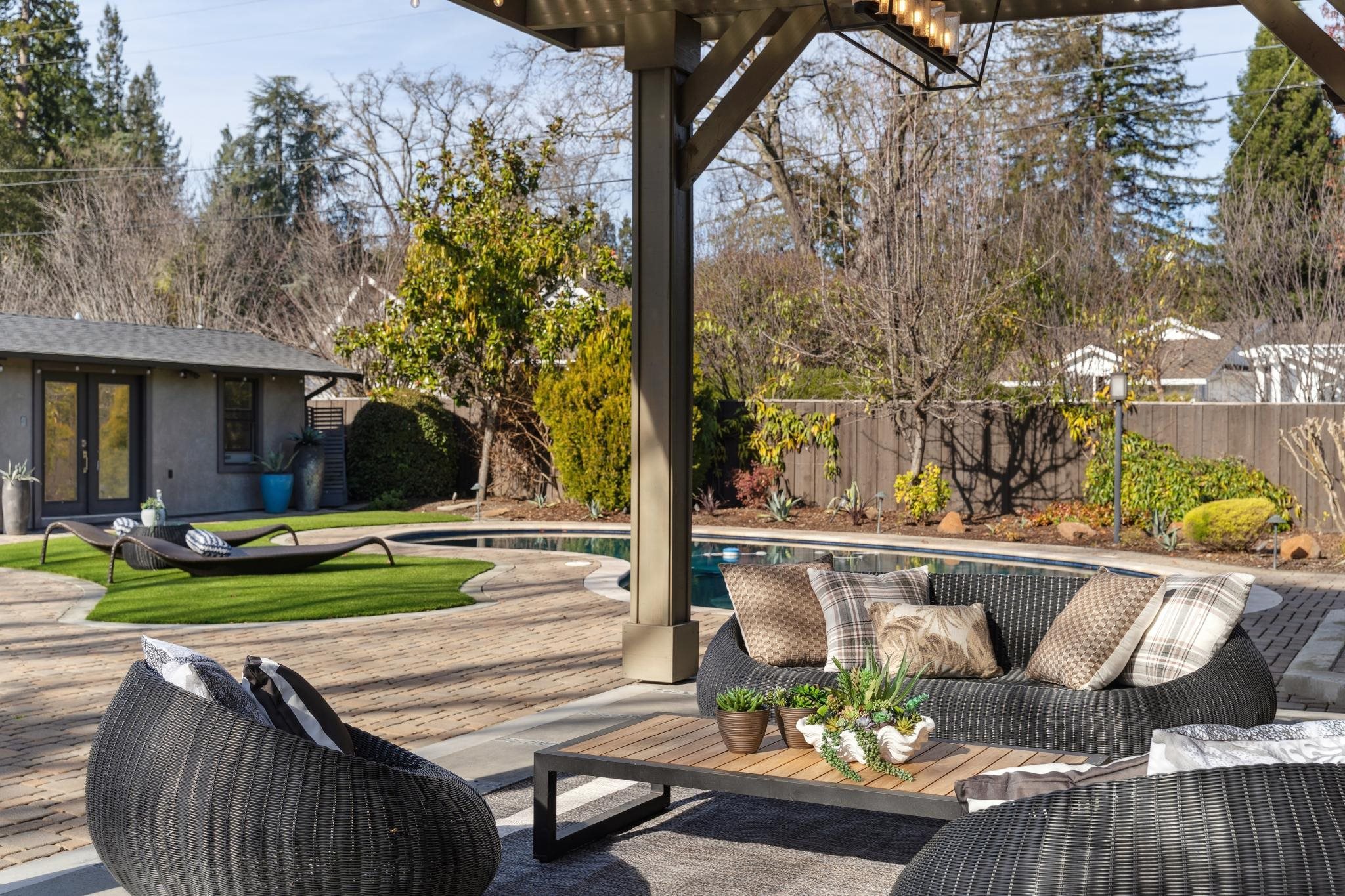 3957 Rancho Road Lafayette, CA 94549 - Photo 46 of 60 Deck featuring an outdoor living space, a patio, french doors, a fenced backyard, and an outdoor structure