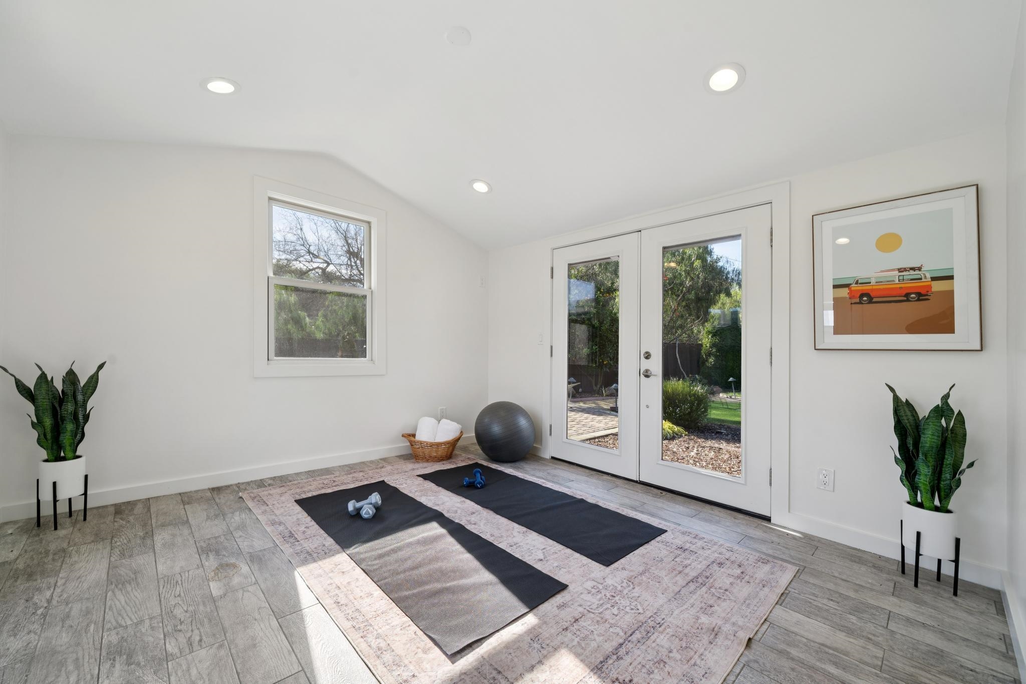 3957 Rancho Road Lafayette, CA 94549 - Photo 49 of 60 Workout room with lofted ceiling, french doors, healthy amount of natural light, light wood-style floors, and recessed lighting