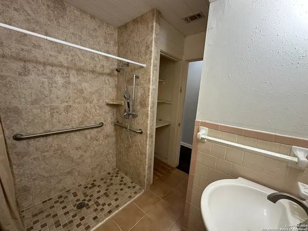 a bathroom with a sink and a shower