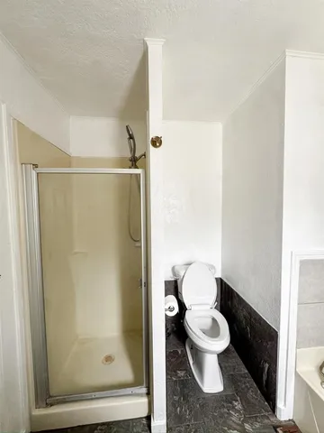 a bathroom with a toilet and a shower