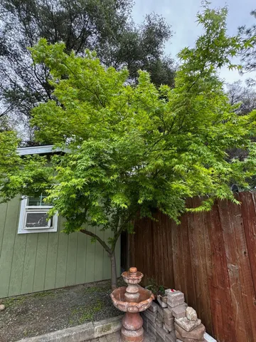 a backyard of a house with table and chairs