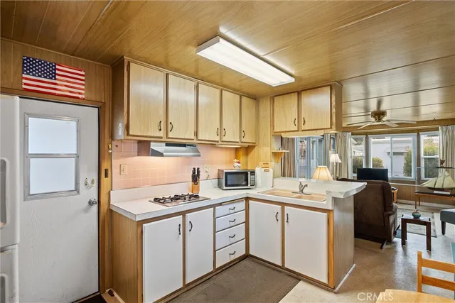 a kitchen with cabinets appliances and a counter top space