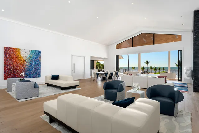 a living room with furniture and a potted plant