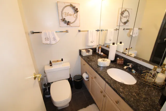 a bathroom with a granite countertop sink and a mirror