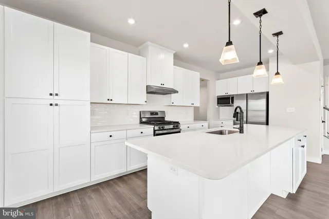 a kitchen with kitchen island a white counter top space cabinets and stainless steel appliances