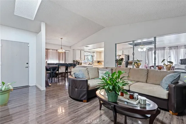a living room with furniture kitchen view and a potted plant