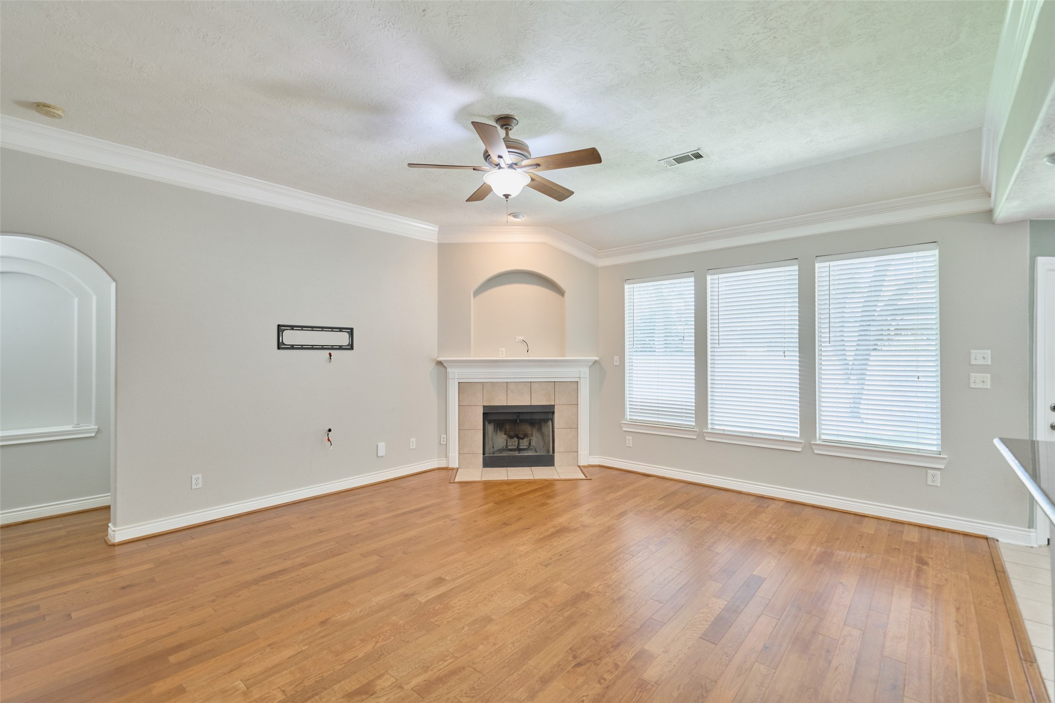 13313 Enchanted Way Montgomery, TX 77356 - Photo 5 of 36 an empty room with windows fireplace and a ceiling fan