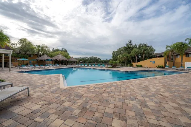 a view of a swimming pool with a lounge chairs