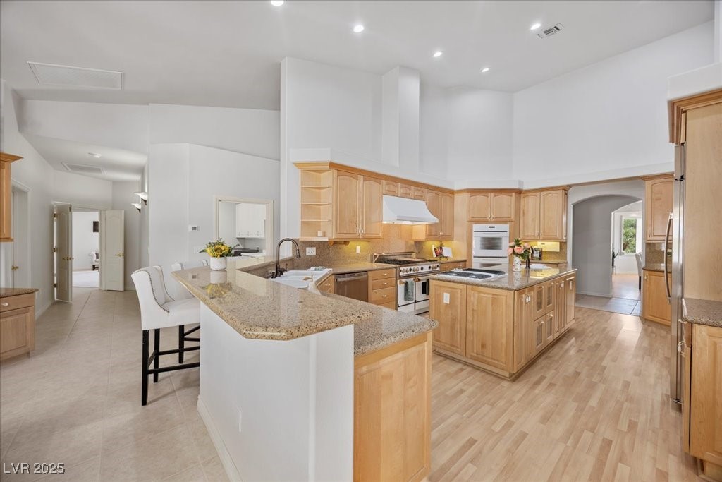 640 Quail Covey Road Henderson, NV 89002 - Photo 24 of 75 Kitchen featuring stainless steel appliances, under cabinet range hood, light stone counters, arched walkways, and a kitchen breakfast bar