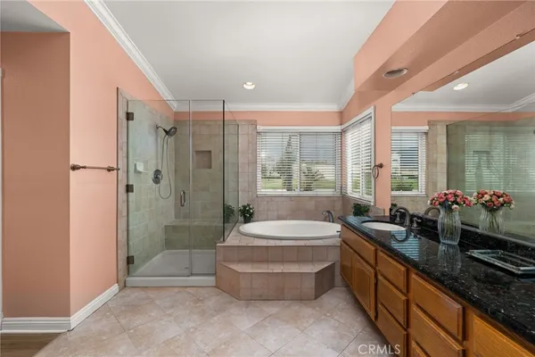 a spacious bathroom with a double vanity sink a large mirror a bathtub and shower