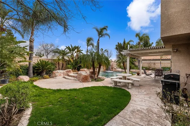 a view of a backyard with sitting area
