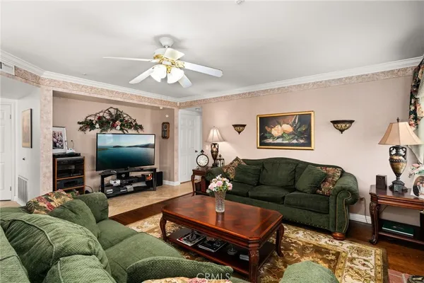 a living room with furniture a ceiling fan and a rug