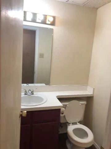 a bathroom with a sink a toilet and a mirror