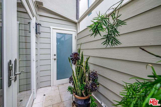 a potted plant sitting in front of a door
