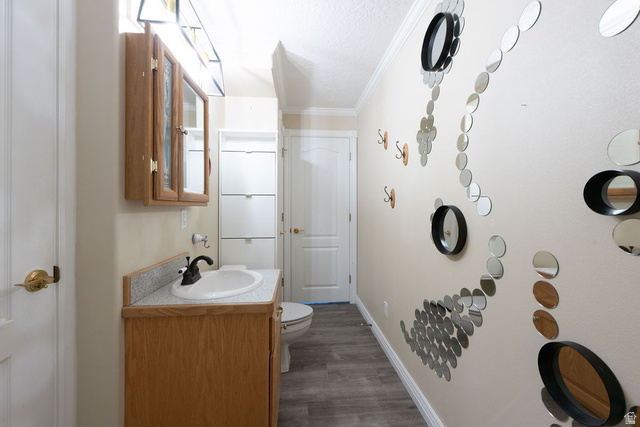 875 East 1300th Street North Mapleton, UT 84664 - Photo 46 of 65 Half bathroom featuring crown molding, vanity, dark wood finished floors, and a textured ceiling