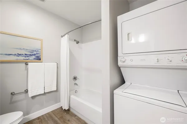 a bathroom with a shower and a toilet