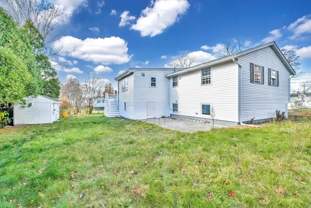 a view of a backyard with a large tree
