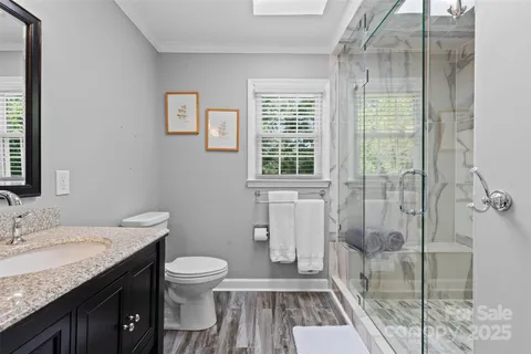 a bathroom with a granite countertop sink toilet and shower