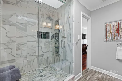 a bathroom with a shower and a sink