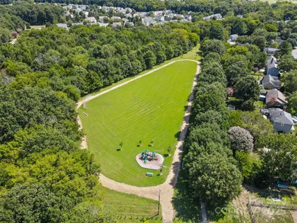 an aerial view of a swimming pool