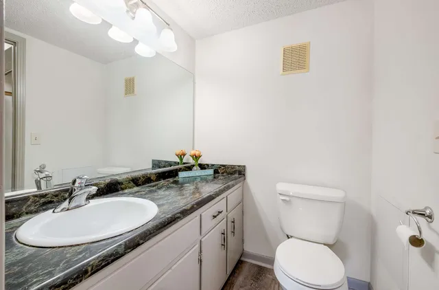 a bathroom with a granite countertop toilet sink and mirror